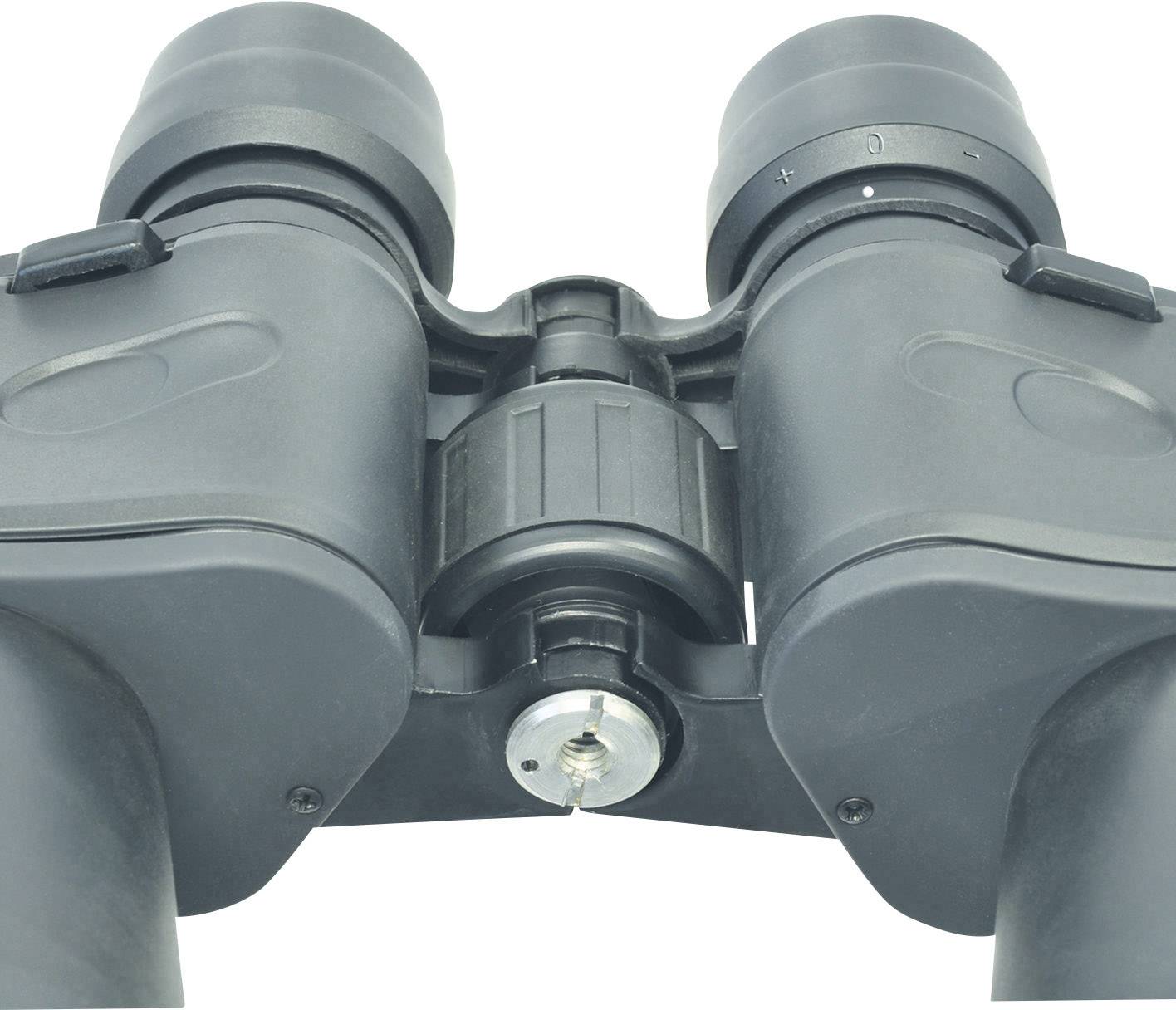 Fernglas mit zwei Okularen und zentralem Fokussierrad; schwarze Ausführung; Ansicht von unten.