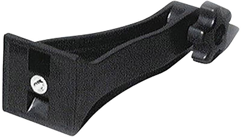 Schwarze Kunststoffhalterung mit Schraube und Verstellschraube, wahrscheinlich für die Befestigung eines Gegenstands an einer Oberfläche.