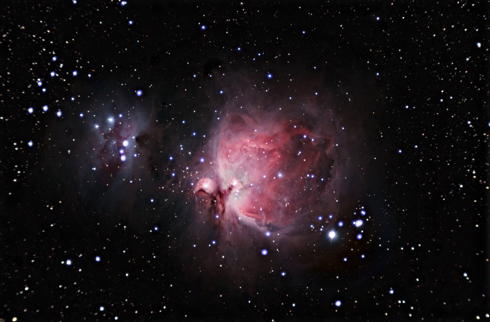 Der Orionnebel, eine leuchtende rote Gaswolke im Weltraum, umgeben von vielen kleinen, funkelnden Sternen auf schwarzem Hintergrund.
