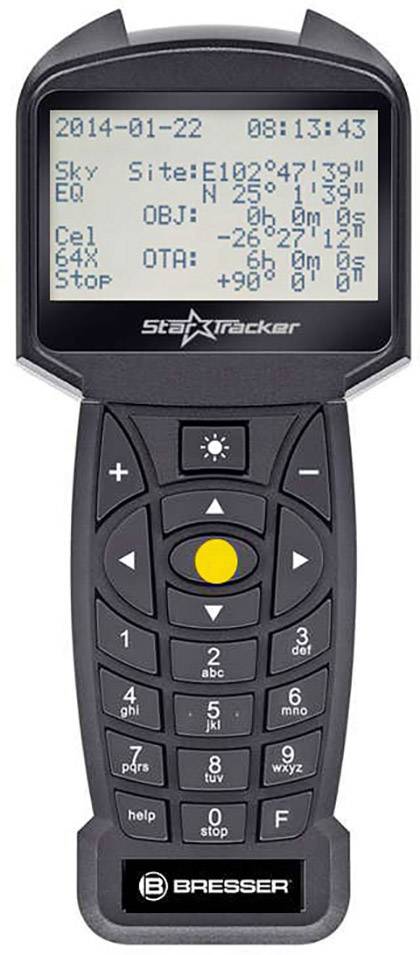 Handsteuerung eines astronomischen Teleskops mit Display, das Datum, Zeit und Himmelskoordinaten zeigt. Enthält Tasten zur Navigation.