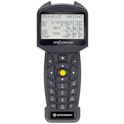 Handsteuerung eines astronomischen Teleskops mit Display, das Datum, Zeit und Himmelskoordinaten zeigt. Enthält Tasten zur Navigation.