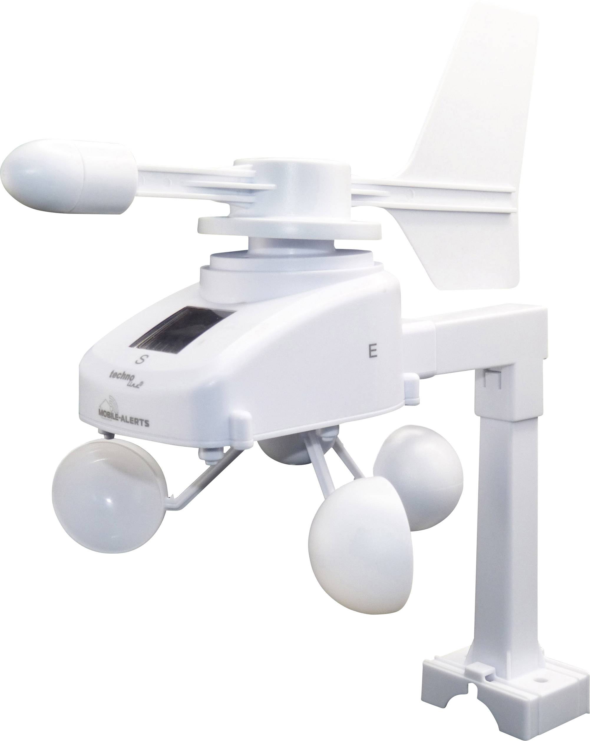 Ein weißer Anemometer mit drei Halbkugeln zur Messung der Windgeschwindigkeit und einem Windrichtungszeiger oben.