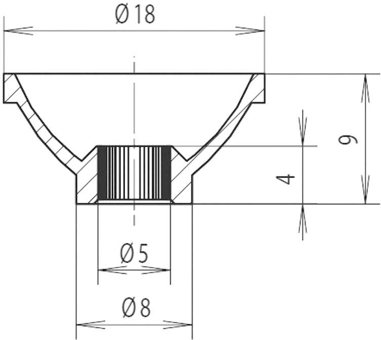 Technische Zeichnung eines Bauteils mit Profilansicht. Durchmesser oben 18 mm, unten 8 mm, Höhe 9 mm, mittlerer Bereich 4 mm dick.