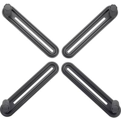 Vier schwarze, längliche Elemente, symmetrisch in einem X-Muster angeordnet. Jedes Element hat eine ovale Öffnung und abgerundete Enden.