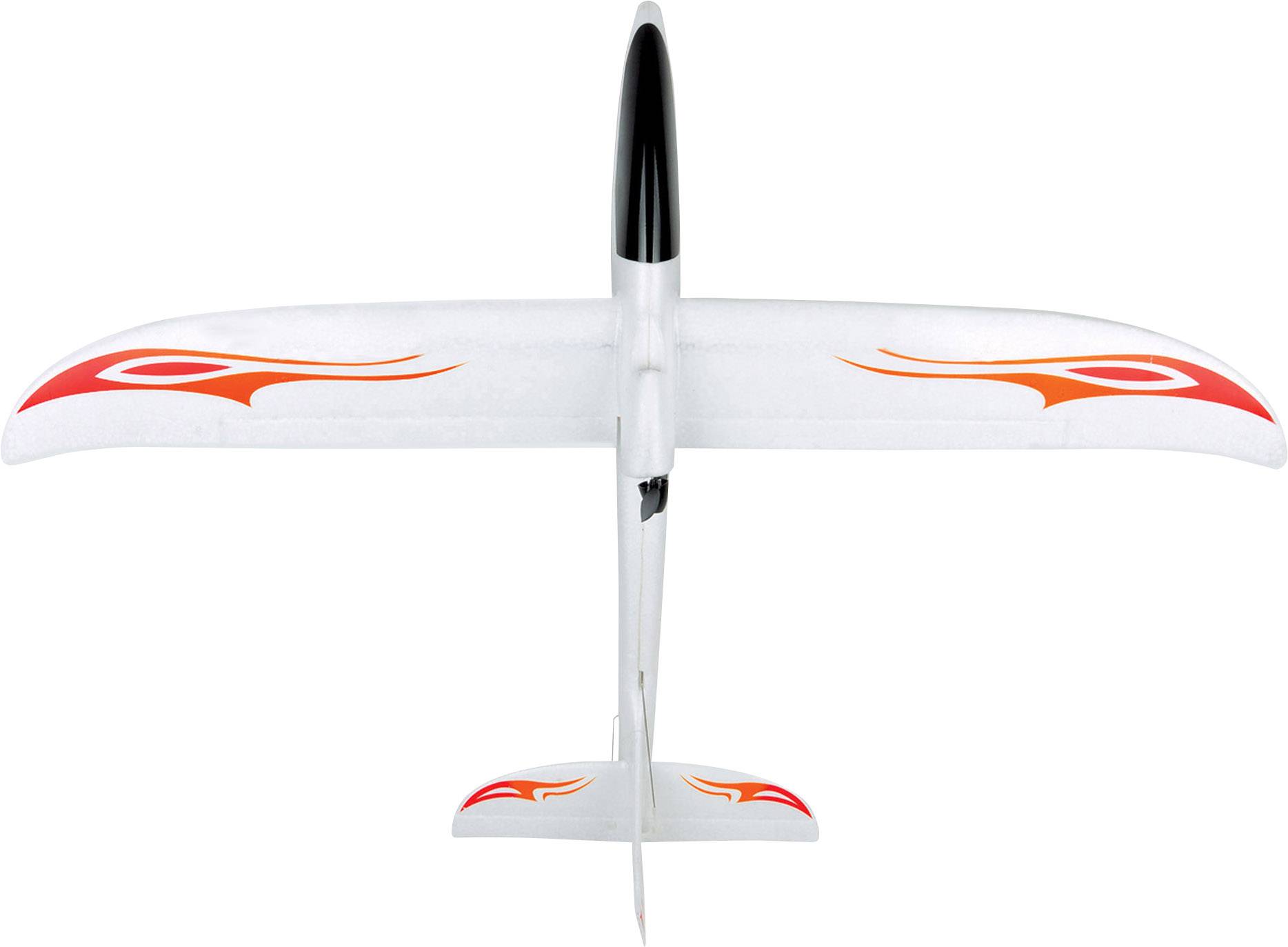 Ein weißes Modellflugzeug mit roten Dekorationen auf den Flügeln, Ansicht von oben.