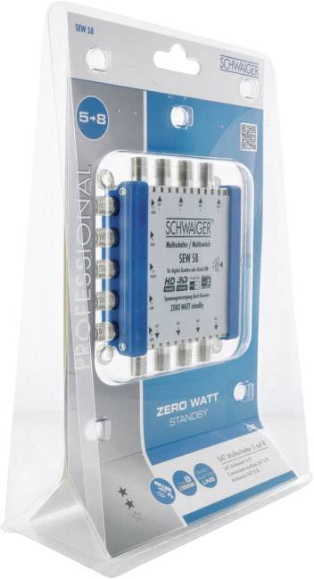 Ein Multischalter von SCHWAIGER für Satellitenempfang mit 5 Eingängen und 8 Ausgängen, energiesparend mit 'Zero Watt Standby'.