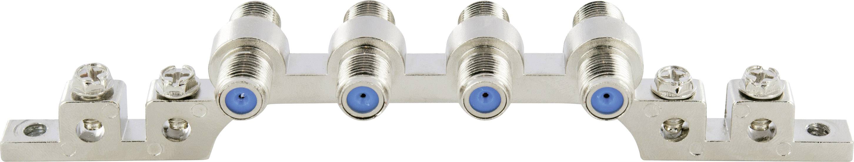 Metall-Verteilerblock mit vier Koaxialanschlüssen, geeignet für die Verteilung von Fernsehsignalen.