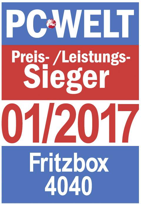'PC-WELT Preis-/Leistungssieger 01/2017 Fritzbox 4040' auf rotem und blauem Hintergrund.