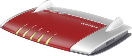 AVM FRITZ!Box Router in Rot-Silber mit leuchtenden LEDs für Internet, WLAN und Power.