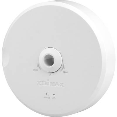 Ein runder, weißer IoT-Sensor von Edimax. Ein Schalter zeigt Optionen 'open' und 'close'. Statusanzeige unten mit Wi-Fi-Symbol.