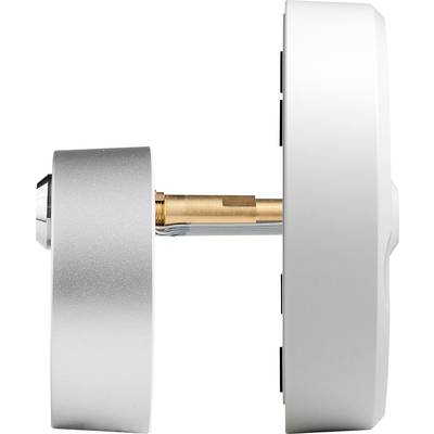 Seitenansicht eines modernen, silbernen Türschlosses mit elektronischer und mechanischer Komponente.