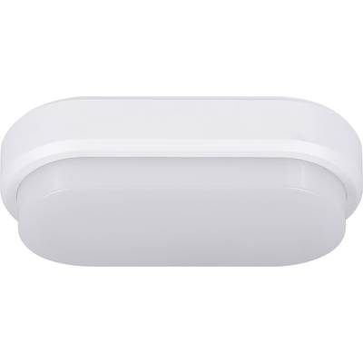 Weiße, ovale Deckenleuchte aus Kunststoff, minimalistisch gestaltet und an einer flachen Oberfläche montiert. Ideal für dezente Beleuchtung.