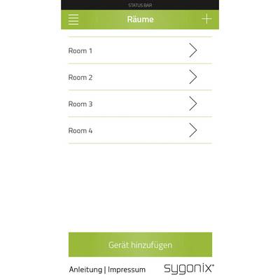 Startseite einer App mit der Überschrift 'Räume' und einer Liste von 'Room 1' bis 'Room 4'. Unten befindet sich ein Button 'Gerät hinzufügen'.