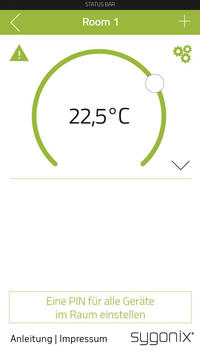 Temperaturanzeige für 'Raum 1'. Aktuelle Temperatur: 22,5°C. Einstellungs- und Warnsymbol oben. Anweisung: 'Eine PIN für alle Geräte im Raum einstellen'.