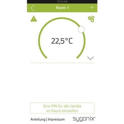 Temperaturanzeige für 'Raum 1'. Aktuelle Temperatur: 22,5°C. Einstellungs- und Warnsymbol oben. Anweisung: 'Eine PIN für alle Geräte im Raum einstellen'.
