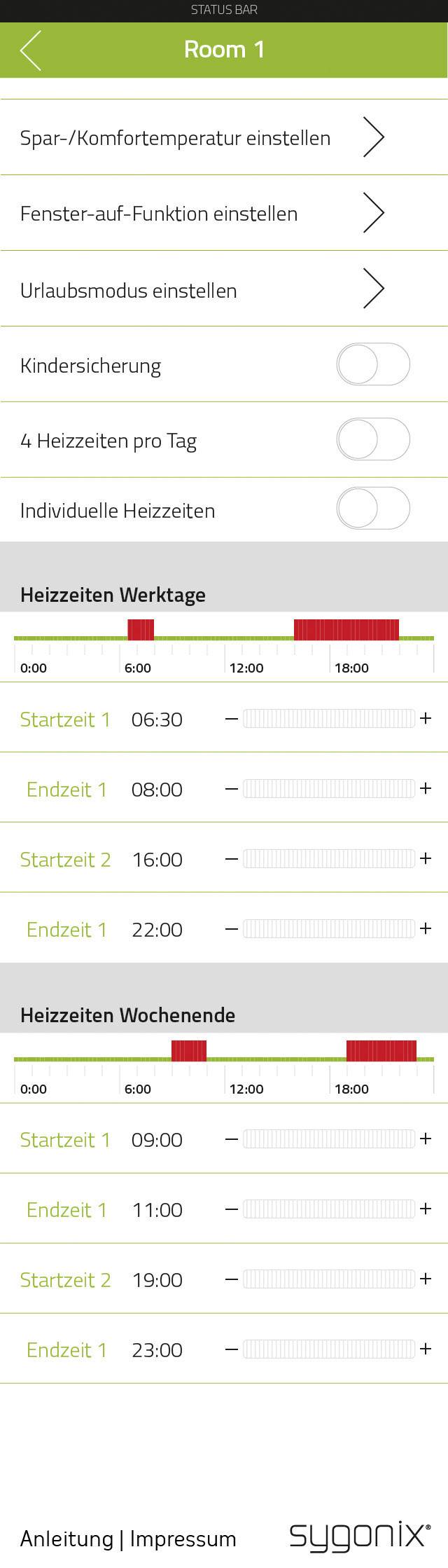 Raumtemperatursteuerung: Einstellungen für Komforttemperatur, Fensterfunktion, Urlaubsmodus, Kindersicherung, Heizzeiten für Wochentage und Wochenende.