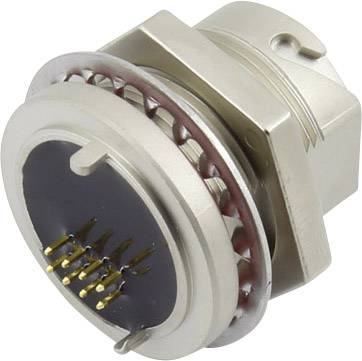 Ein runder, metallischer Stecker mit mehreren goldenen Pins und einem schwarzen Innenbereich, umgeben von einem Sechskantgewinde.