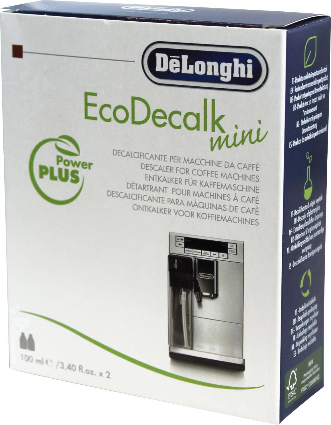 Verpackung einer Entkalkerlösung für Kaffeemaschinen von DeLonghi, namens 'EcoDecalk mini'. Enthält 2 x 100 ml Flaschen.