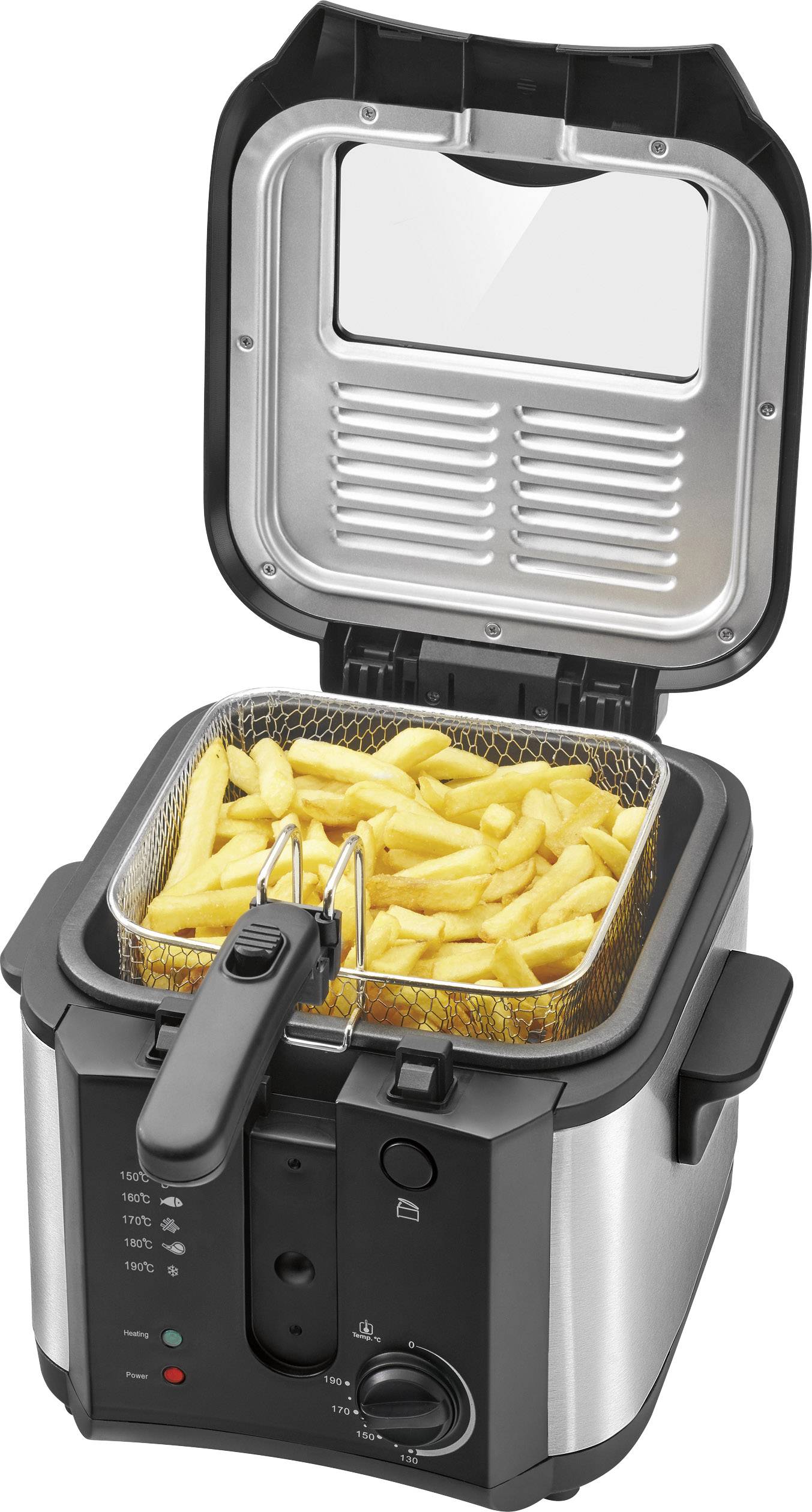 Eine Fritteuse mit geöffnetem Deckel zeigt einen Korb voller Pommes Frites. Leuchten und Schalter sind an der Vorderseite sichtbar.