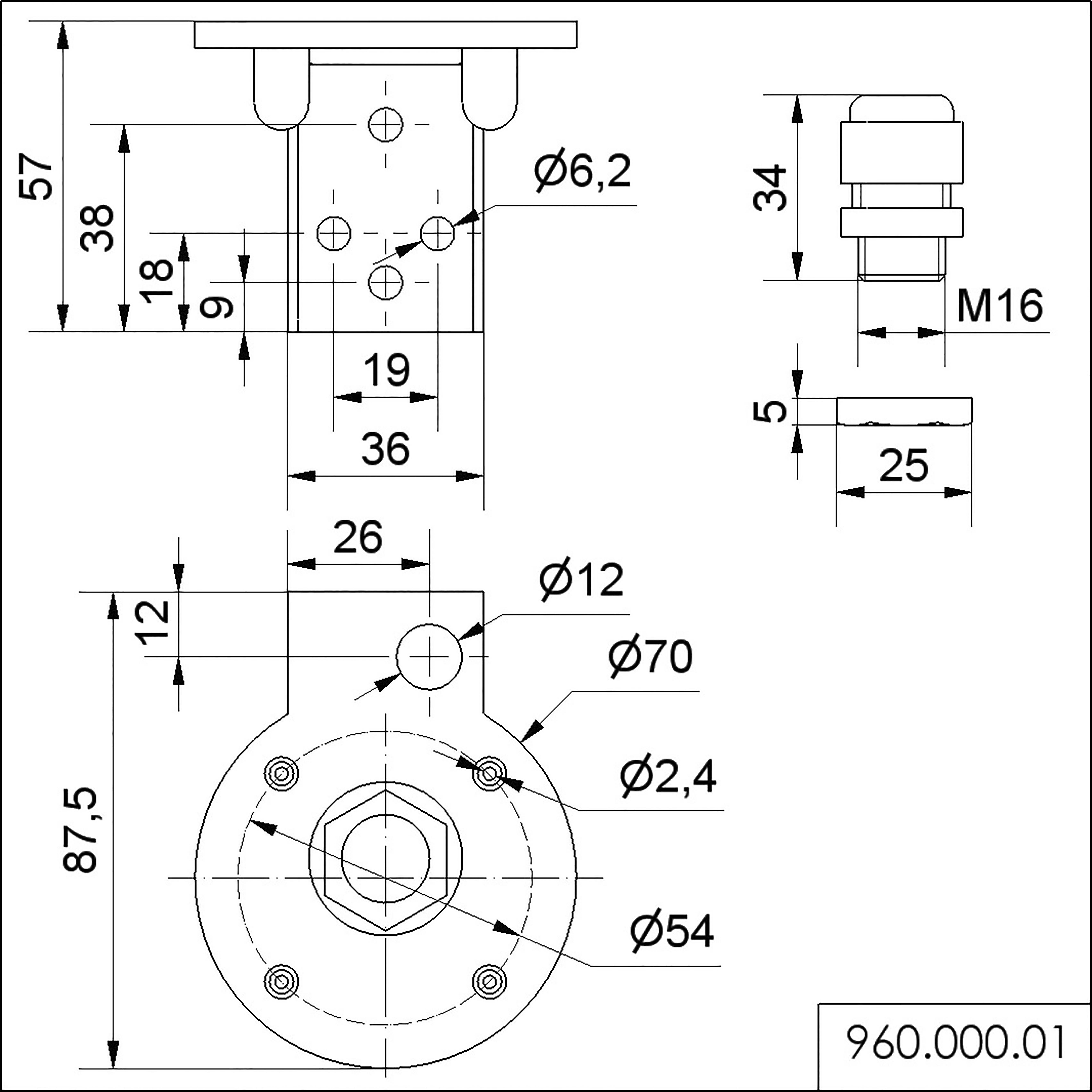 Technische Zeichnung eines Bauteils mit Maßen und Beschriftungen, einschließlich Durchmesser und Abstände, für Montagezwecke.