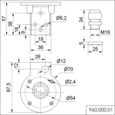 Technische Zeichnung eines Bauteils mit Maßen und Beschriftungen, einschließlich Durchmesser und Abstände, für Montagezwecke.