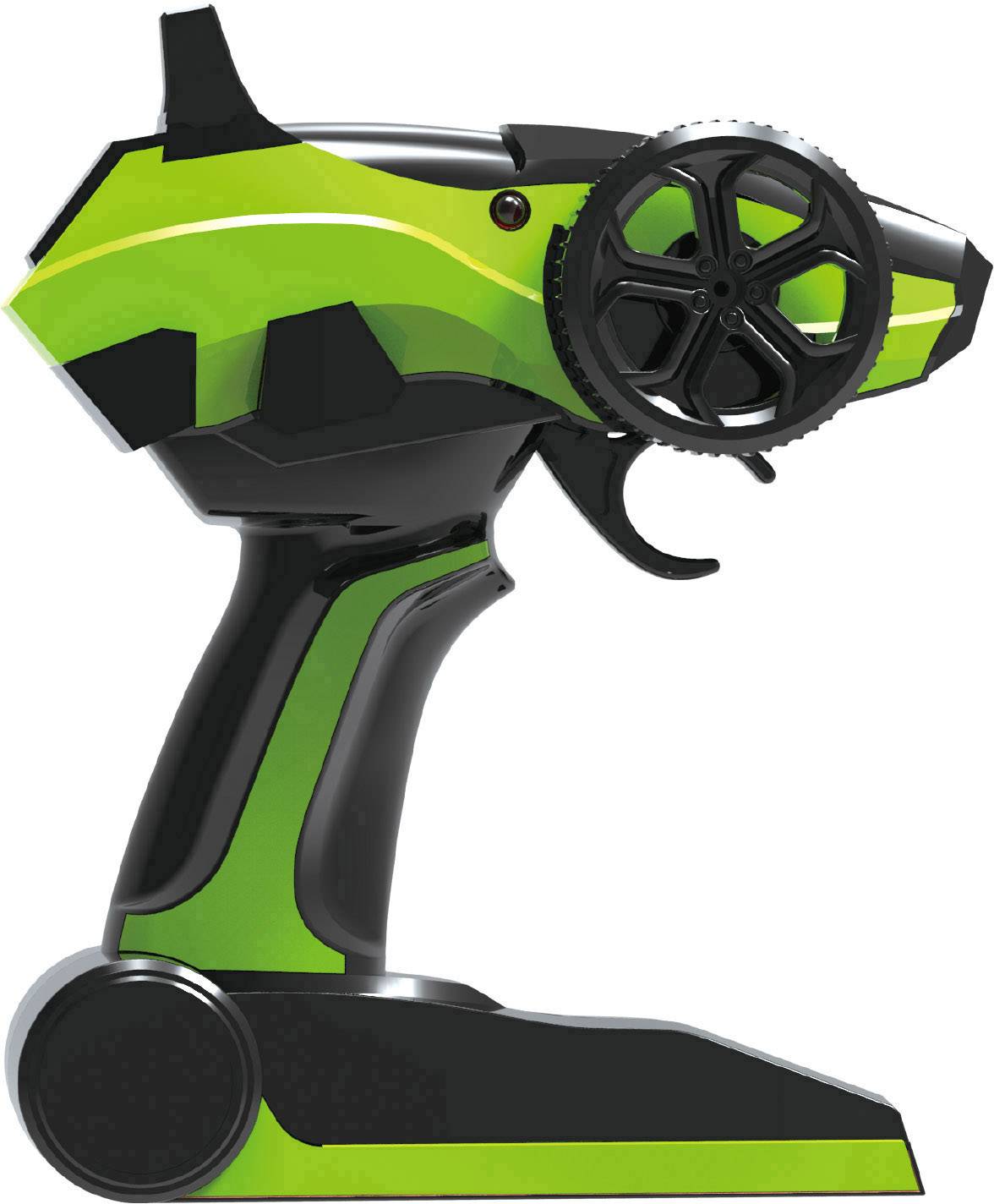 Ein grüner, moderner Funkfernsteuerung-Joystick mit einem Drehrad, geeignet für ferngesteuerte Fahrzeuge oder Roboter.