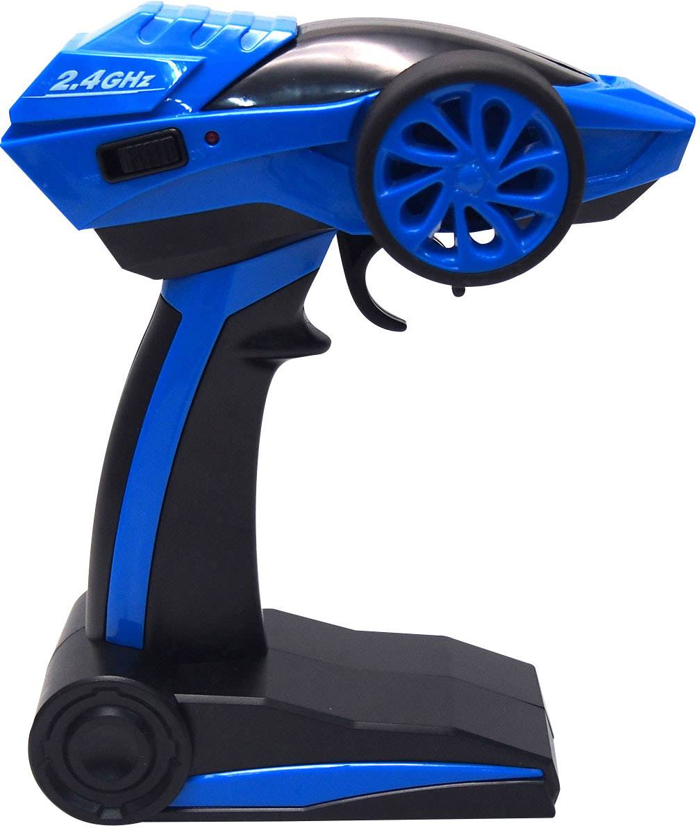 Eine blaue 2,4 GHz Fernbedienung mit schwarzem Griff und großem Rad, geeignet für ferngesteuerte Autos.