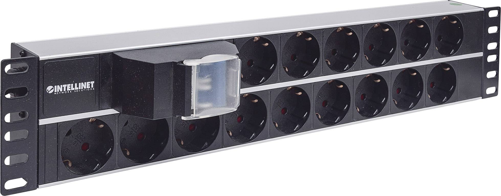 Eine Steckdosenleiste mit 14 schwarzen Schuko-Steckdosen, horizontal ausgerichtet. Links befindet sich ein zusätzlicher Schalter.