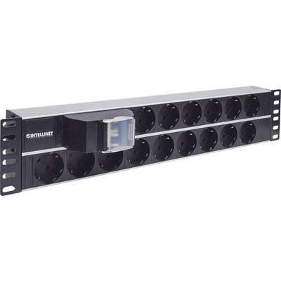 Eine Steckdosenleiste mit 14 schwarzen Schuko-Steckdosen, horizontal ausgerichtet. Links befindet sich ein zusätzlicher Schalter.