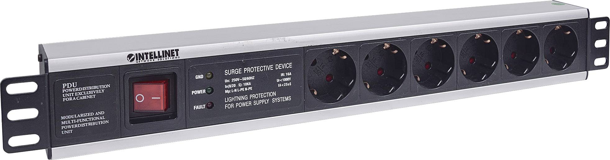 Überspannungsschutz-Steckdosenleiste mit sechs Steckplätzen und einem roten Schalter, geeignet zur Sicherung von Elektrogeräten.