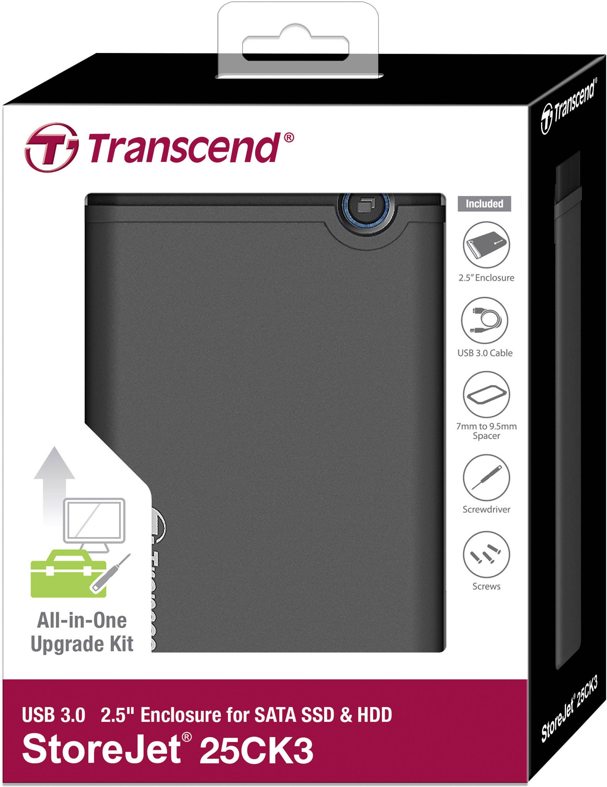 Transcend StoreJet 25CK3: USB 3.0-Gehäuse für 2,5"-SATA-SSDs/HDDs; beinhaltet Kabel, Schraubendreher, Schrauben; All-in-One-Upgrade-Kit.