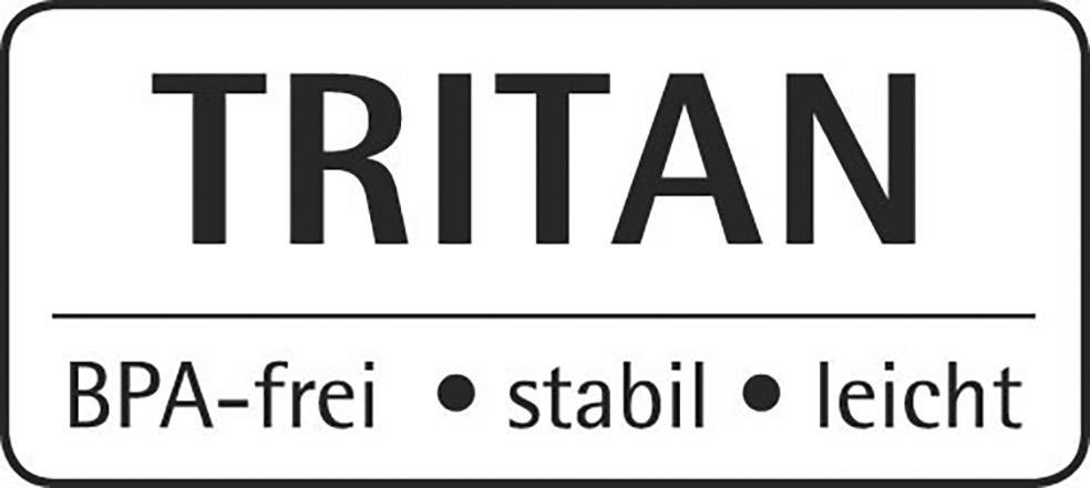 Das Bild zeigt ein rechteckiges Etikett mit dem Text 'TRITAN' oben und 'BPA-frei • stabil • leicht' unten.