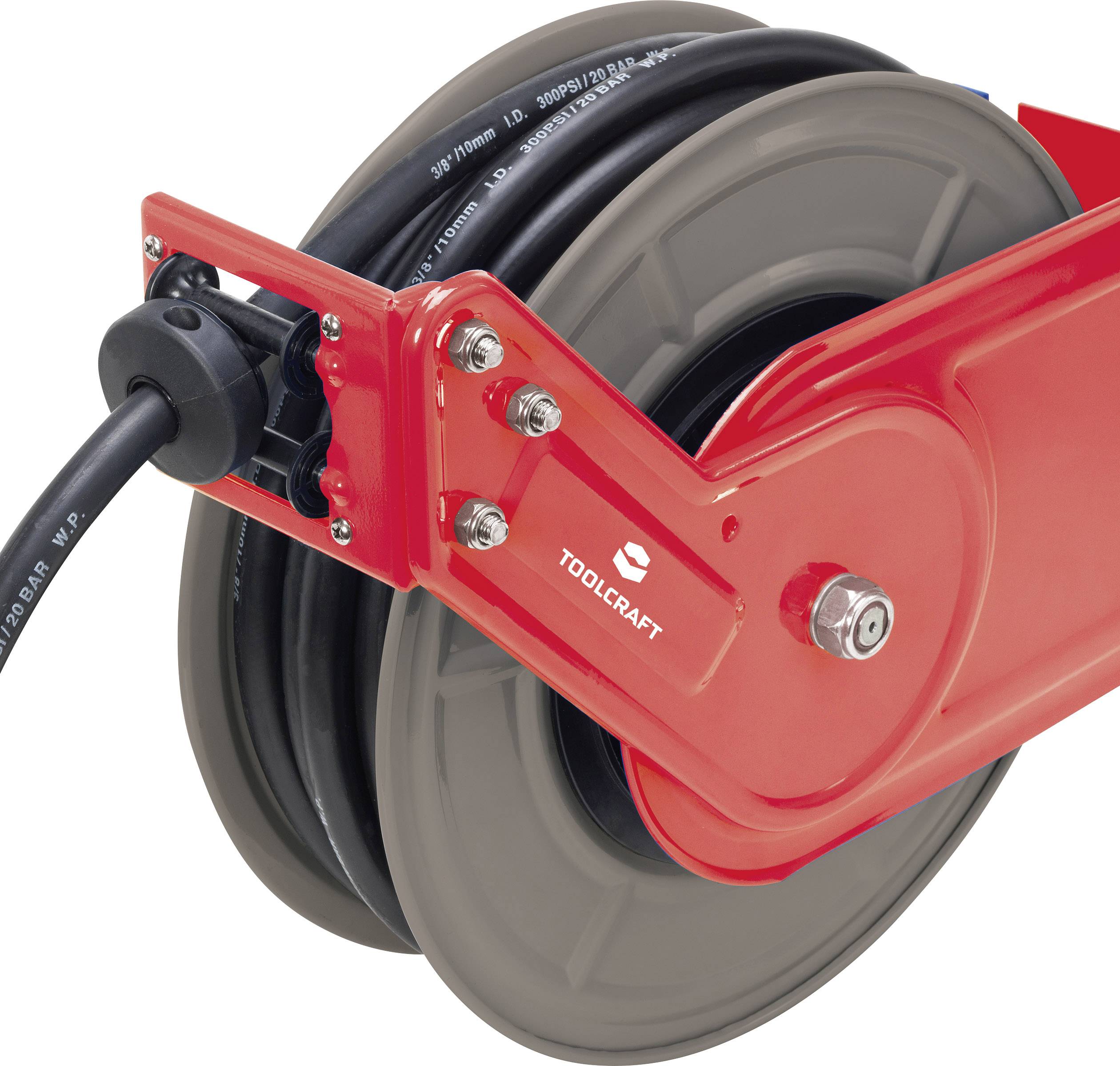 Eine rote Kabeltrommel mit schwarzem Kabel, befestigt an einer Wandhalterung. Geeignet für Werkstatt- oder Garagennutzung.