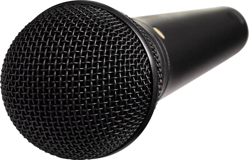 Ein schwarzes Mikrofon mit Gitterkorb zeigt zur Kamera, geeignet für Sprach- und Gesangsaufnahmen.