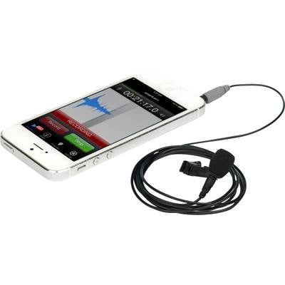 Smartphone mit angeschlossenem Lavalier-Mikrofon, auf dem Bildschirm ist eine Audioaufnahme-App geöffnet, zeigt eine Wellenform.