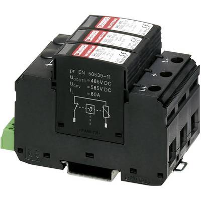 Ein Überspannungsschutzgerät mit schwarzem Gehäuse und drei roten Modulen, geeignet für eine Betriebsspannung bis 585V DC.