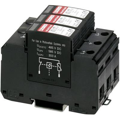 Ein elektrischer Überspannungsableiter für Photovoltaik-Systeme, mit Spezifikationen auf der Vorderseite: Uocstc 485 V DC, Ucpv 585 V DC, Iscpv 300 A.