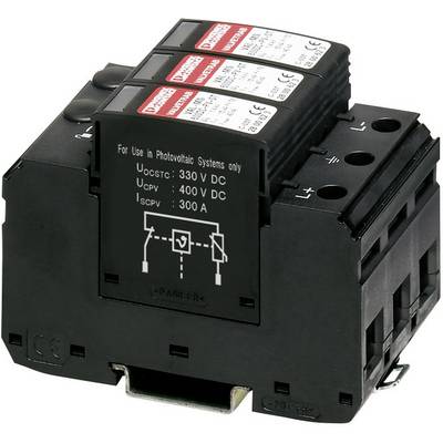 Schwarzer DC-Schutzschalter mit drei Sicherungen, geeignet für photovoltaische Anwendungen. Beschriftung: 'Uocstc: 330V DC, Ucpv: 400V DC, Iscpv: 300A'.