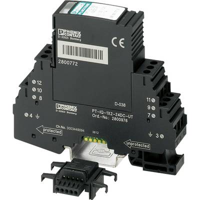 Ein Überspannungsschutzgerät von Phoenix Contact, Modell PT-IQ-1X2-24DC-UT, geeignet für Industrieanwendungen; schwarze, kompakte Bauweise.
