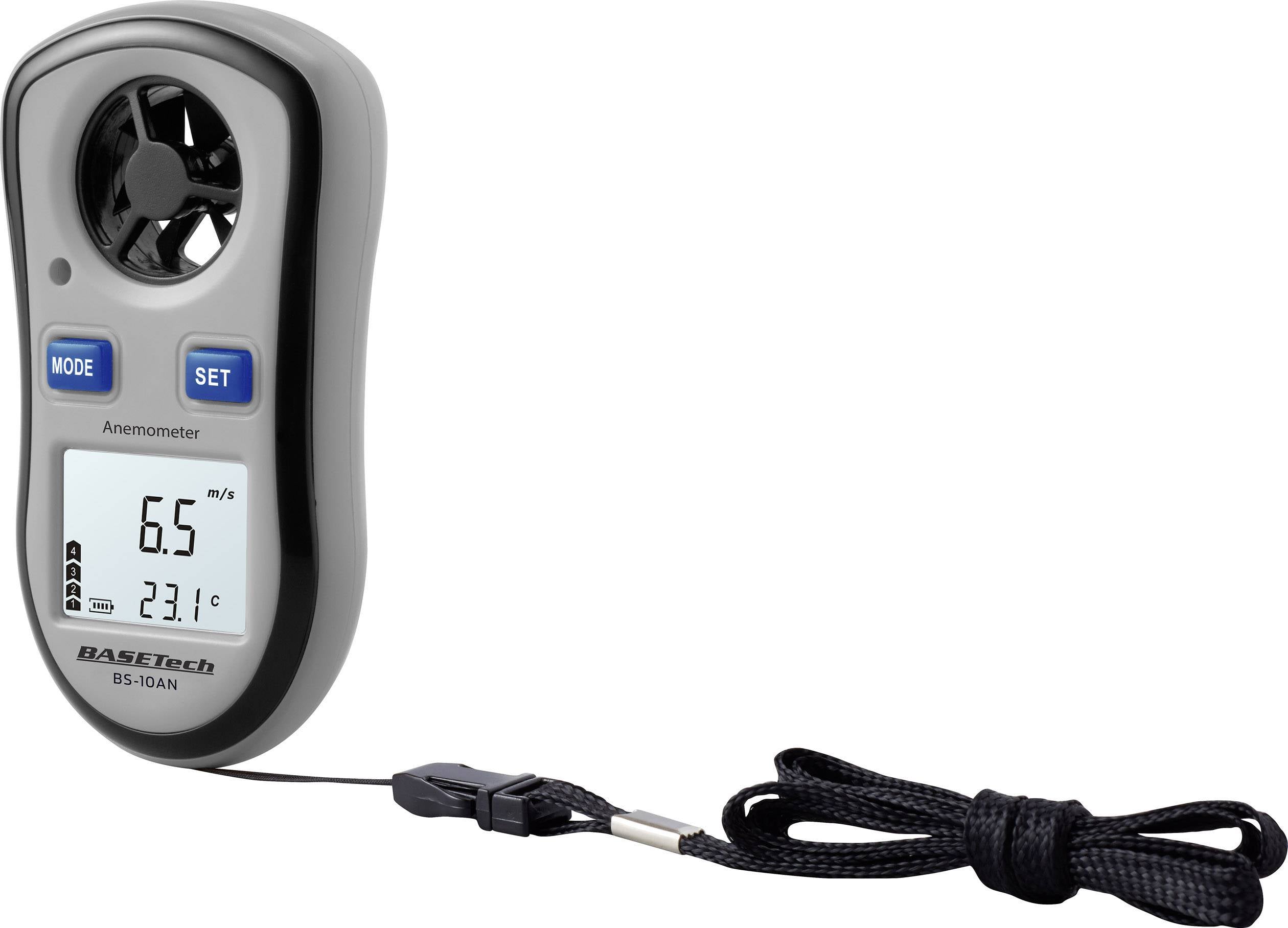Ein tragbares Anemometer zeigt 6,5 m/s Windgeschwindigkeit und 23,1 °C Temperatur auf einem Display.