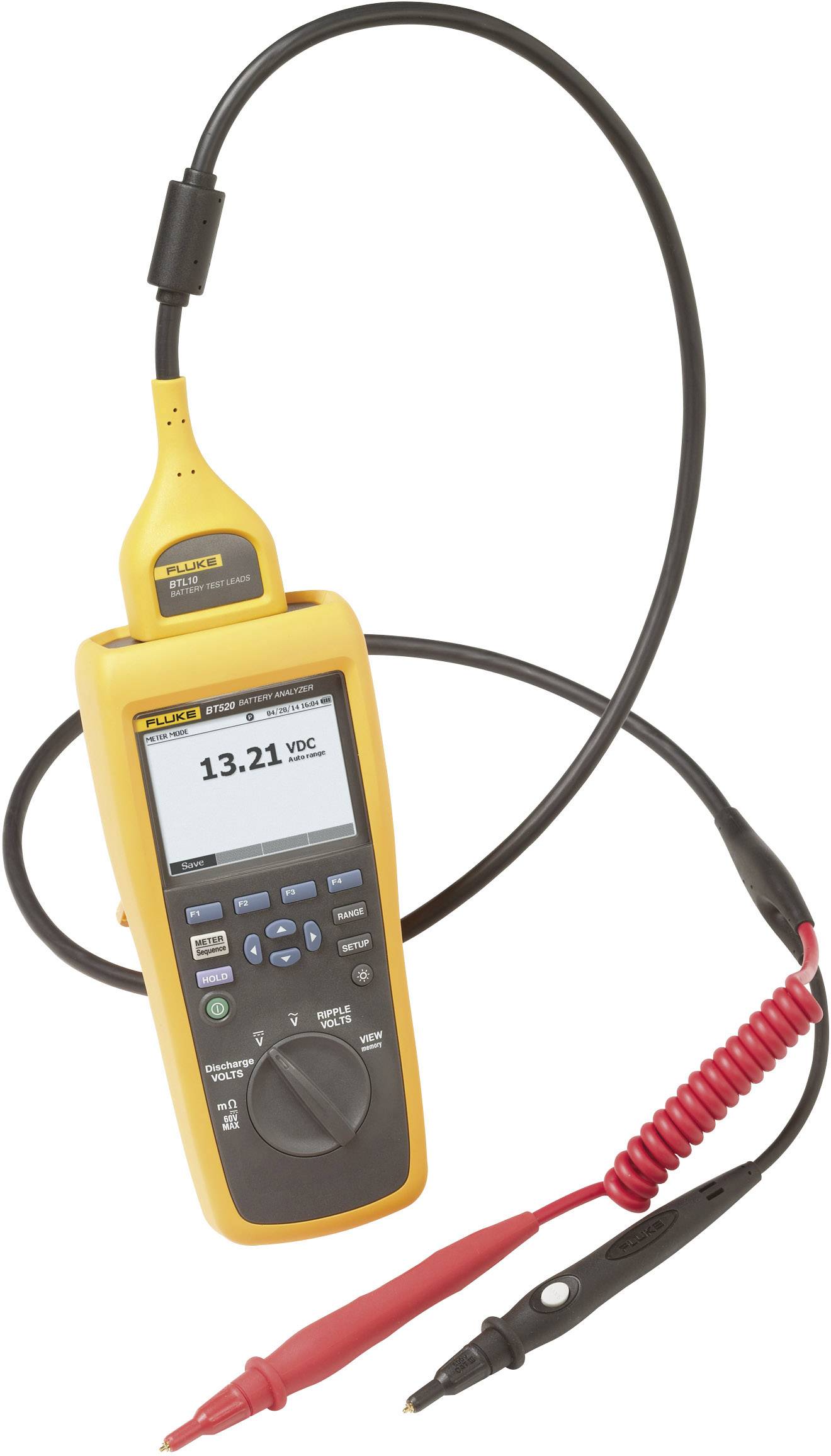 Ein gelbes digitales Multimeter zeigt '13,21 VDC' und hat rote und schwarze Messleitungen. Es wird zur Spannungsmessung verwendet.