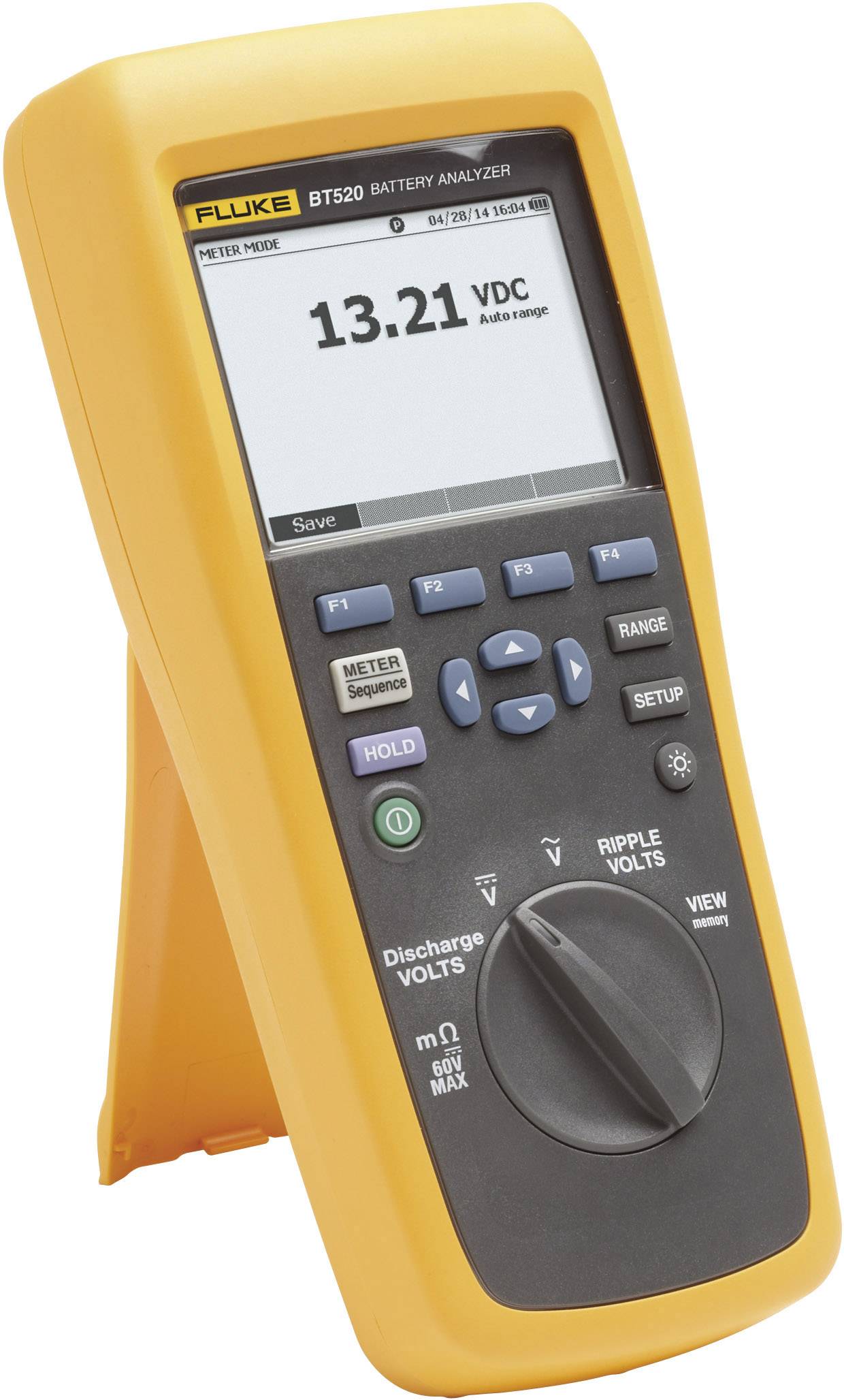 Ein Batterieanalysator zeigt '13,21 VDC' auf dem Bildschirm an. Das Gerät ist gelb und hat mehrere Knöpfe und Drehschalter.