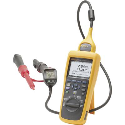 Handheld-Multimeter mit gelbem Gehäuse und Kabeln zur Messung elektrischer Spannung und Widerstand. Display zeigt Messwerte.