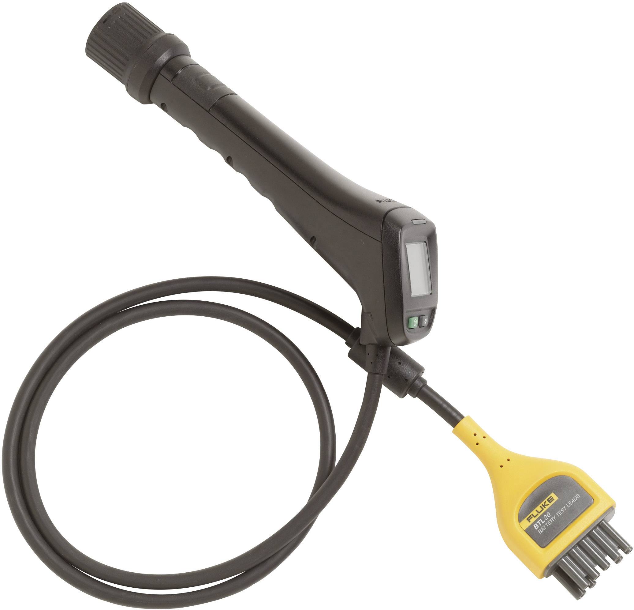 Ein schwarzer Handscanner mit langem Kabel und gelbem Stecker. Dient zur Messung und Analyse in technischen Anwendungen.