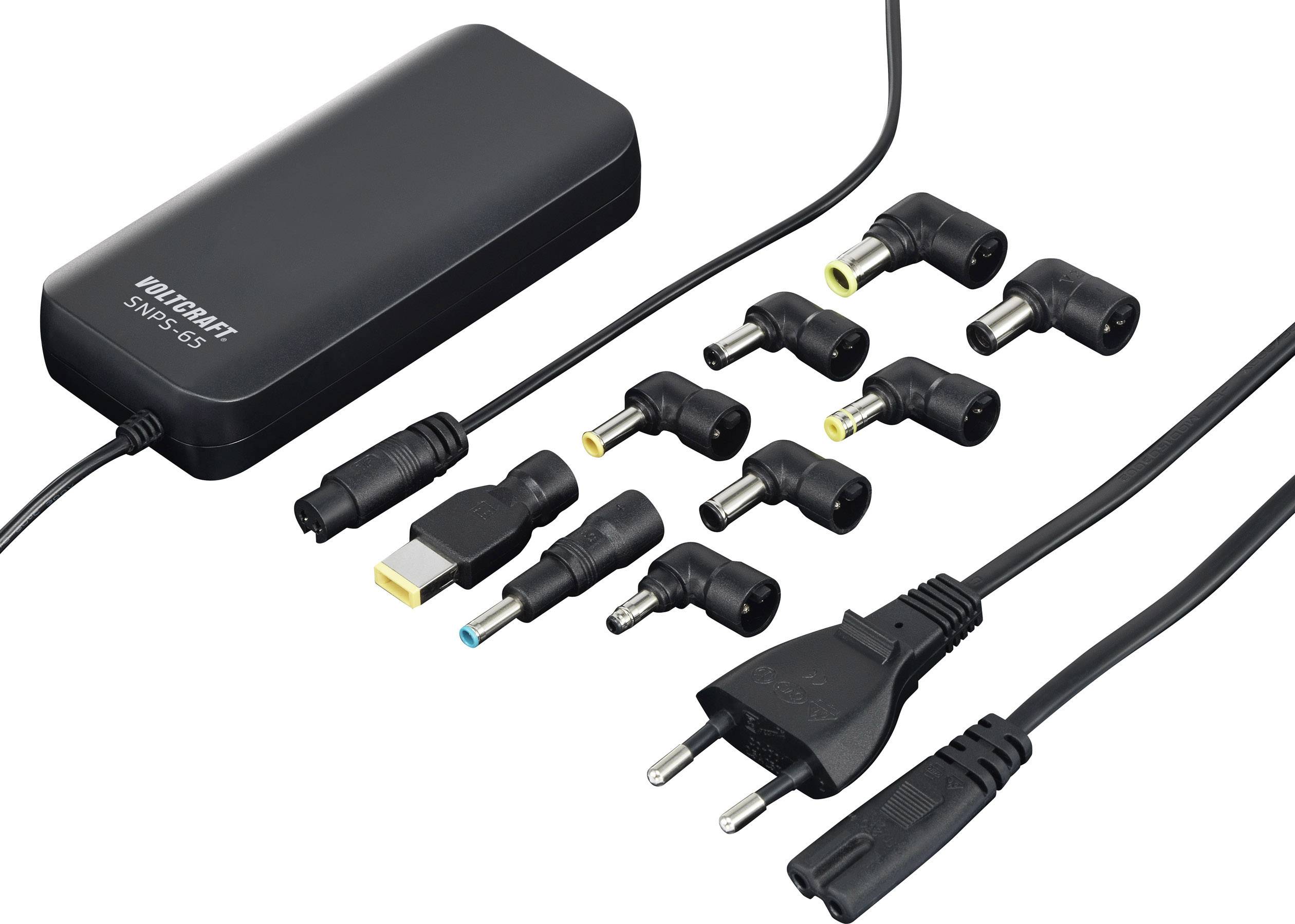 Schwarzes Universal-Netzteil mit mehreren austauschbaren Steckern und einem Netzkabel mit Steckdose, geeignet für verschiedene Geräte.