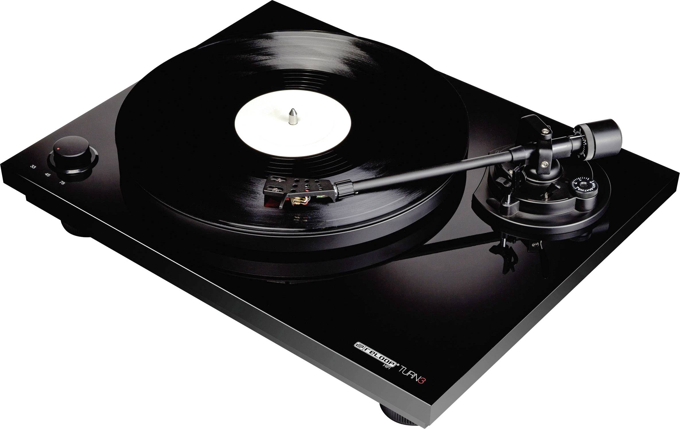 Plattenspieler mit schwarzem Gehäuse und Vinyl, Nadel auf der Schallplatte, modernes Design, glänzende Oberfläche.