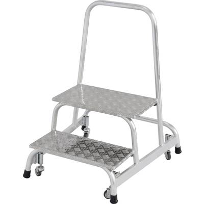 Zweistufige Trittleiter aus Metall mit rutschfestem Muster und Rollen, geeignet für den Innenbereich.