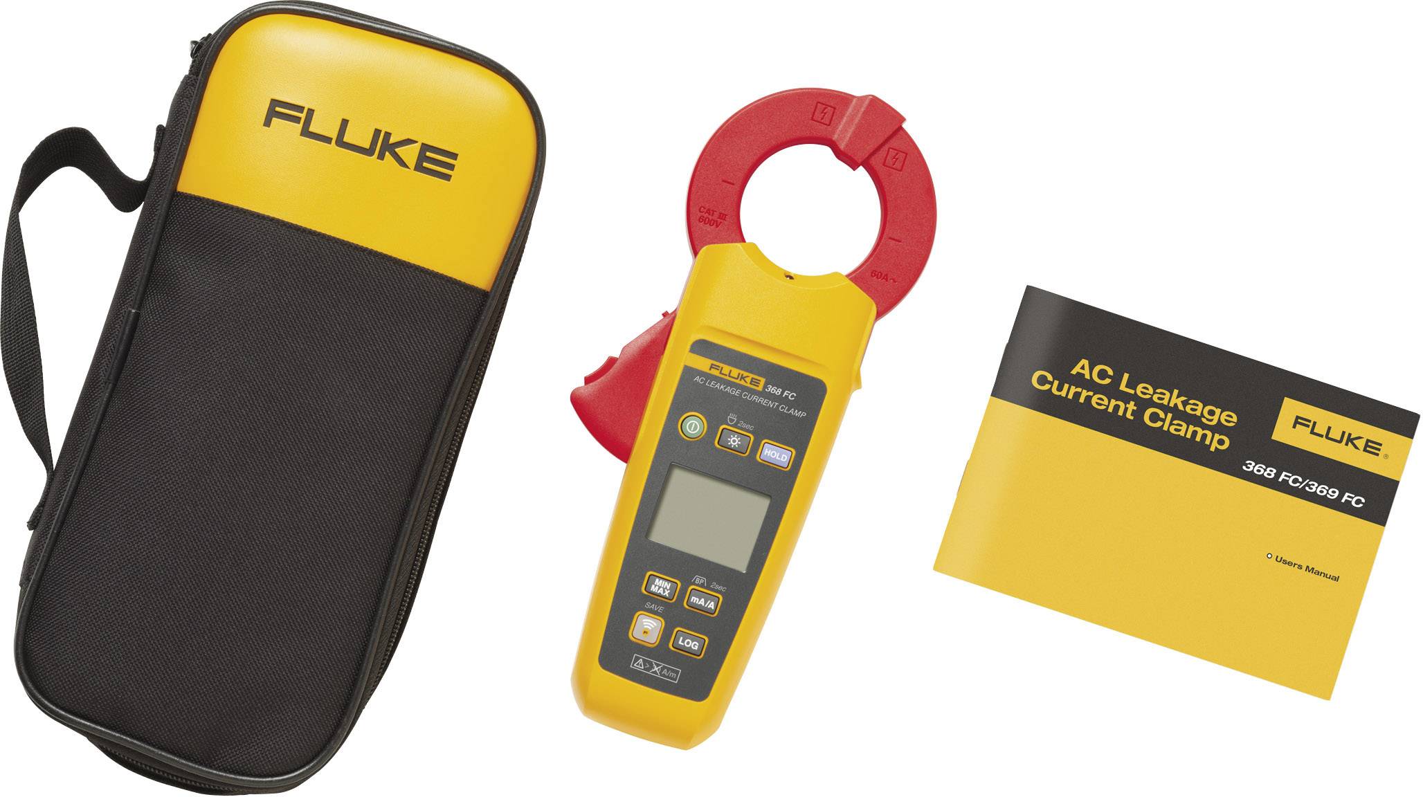 Multimeter mit roter Zange, gelbem Display und Tasche. Beiliegend ein gelbes Handbuch 'AC Leakage Current Clamp'.