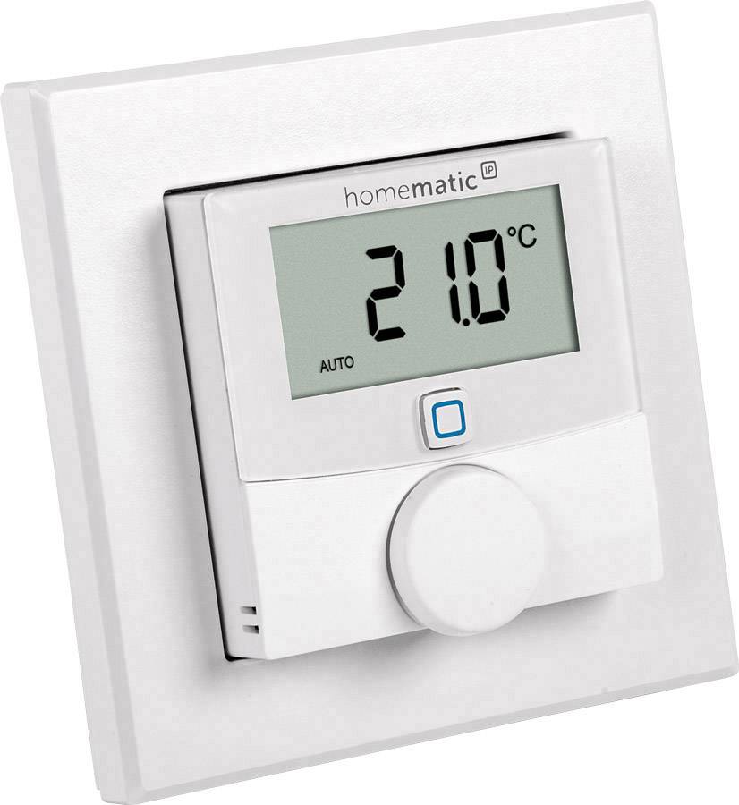 Ein digitales Thermostat zeigt '21,0°C'. Darunter ein Drehknopf und ein Display mit dem Text 'AUTO', symbolisiert die Einstellung für Heizsteuerung.