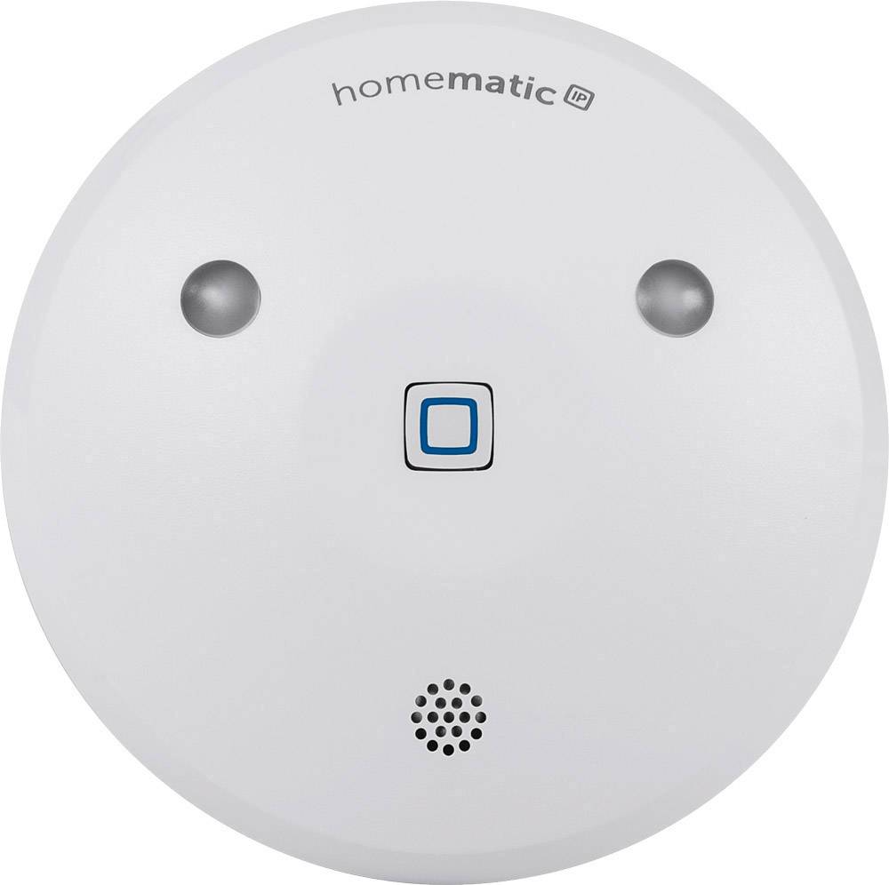 Runder Rauchmelder von Homematic IP mit einer blauen Taste in der Mitte und zwei Sensoren.